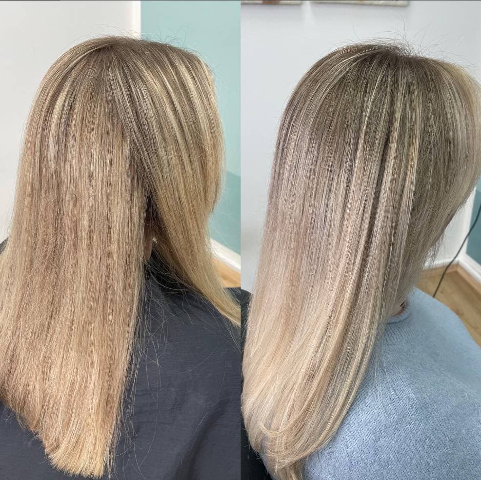 Vorher-Nachher einer Blond-Balayage: links der Ausgangszustand, rechts das fertige, dimensionale Blond